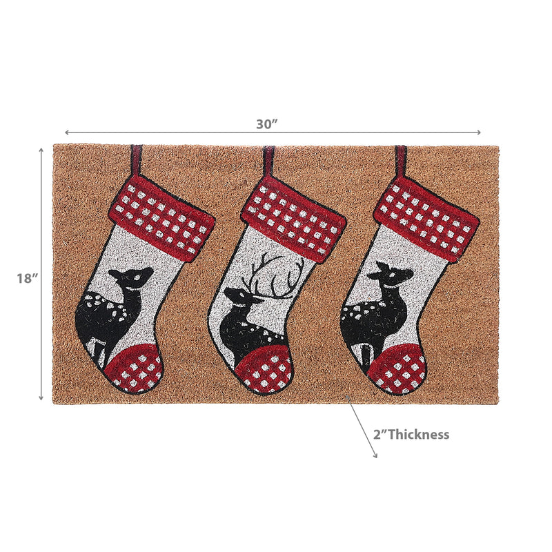 Christmas Coir Door Mat Triple Deer On Stocking
