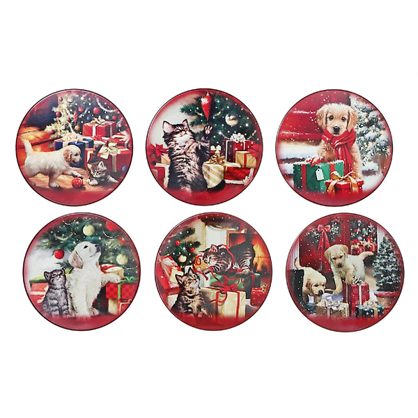 Christmas 8" Round Ceramic Trivet Pets With Gifts  - Set of 6