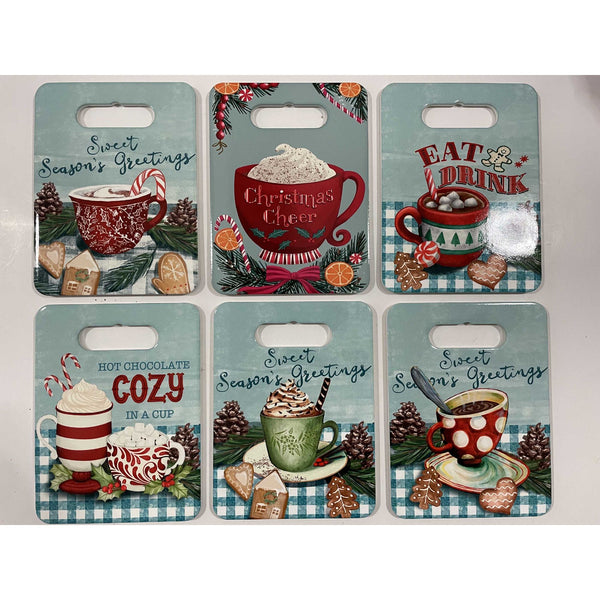 Christmas 9.5" Cutting Board Shape Trivet Hot Chocolate  - Set of 6