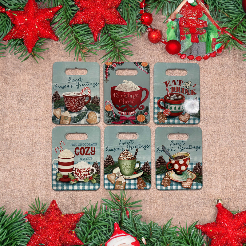 Christmas 9.5" Cutting Board Shape Trivet Hot Chocolate  - Set of 6