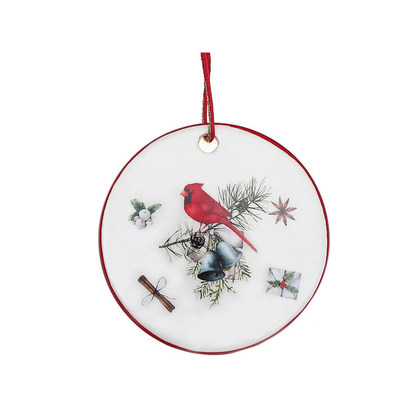 Ceramic Flat Round Ornament (Cardinal On Pinecone) - Set of 6