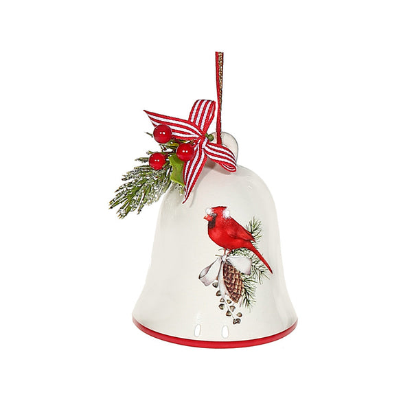 Ceramic Bell With Ribbon Ornament (Cardinal On Pinecone) - Set of 4