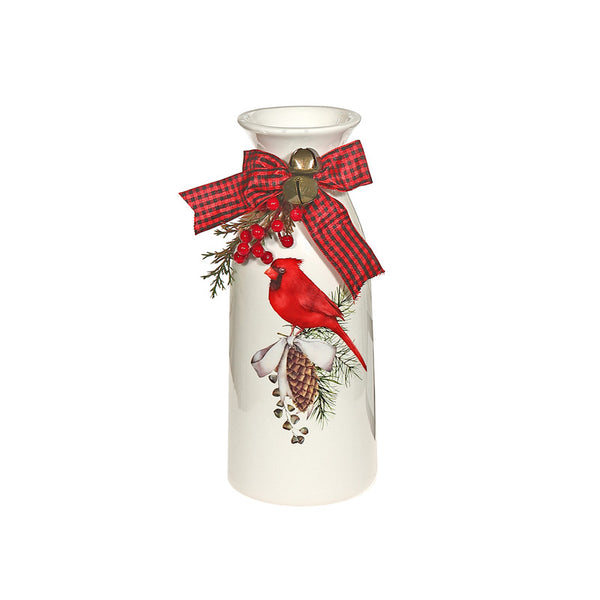 Ceramic Bottle With Ribbon (Cardinal On Pinecone) (9")