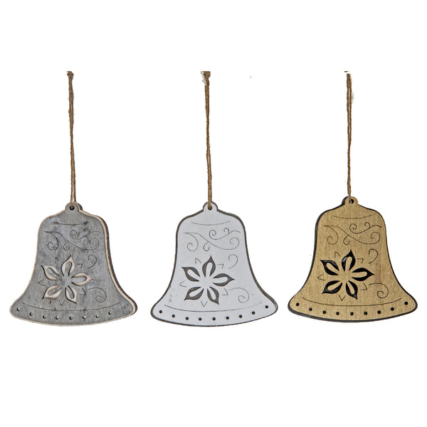 Flat Wood Ornaments (Bell With Poinsettia Cutout) (Asstd) - Set of 12