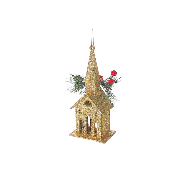Christmas Gold Glitter Ornament Church - Set of 12