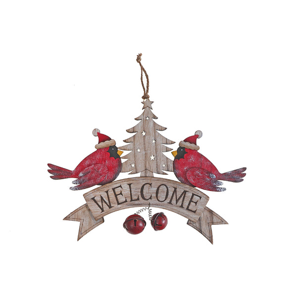Wooden Double Cardinal Welcome Wall Hanger