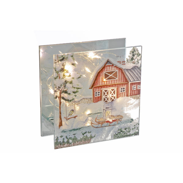 Square Led Painted Glass Stand (Red Barn) - Set of 2