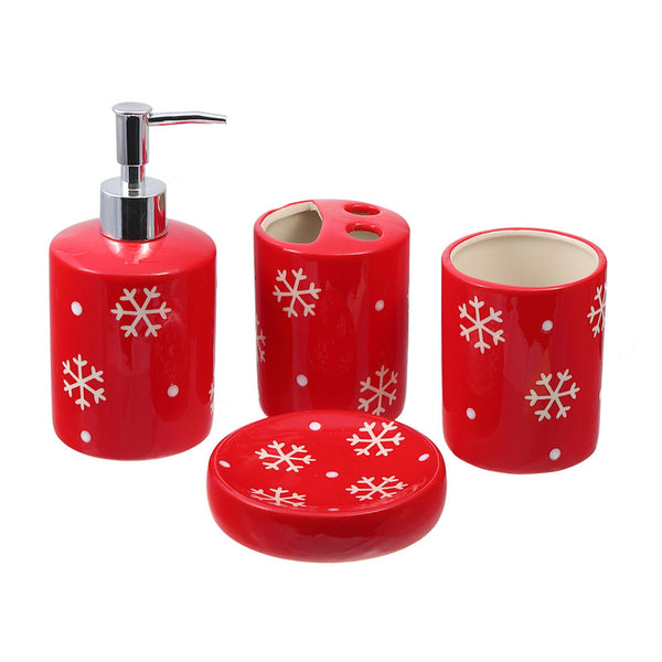 4Pc Ceramic Bathroom Set (Snowflake On Red)