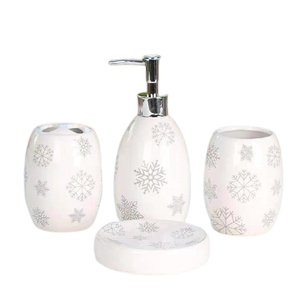 4Pc Ceramic Bathroom Set (Snowflake On White)