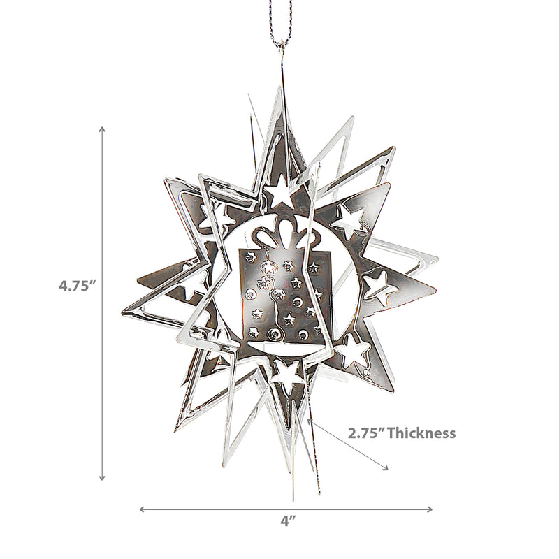 Christmas Spinning Silver Star Metal Ornament Present - Set of 12