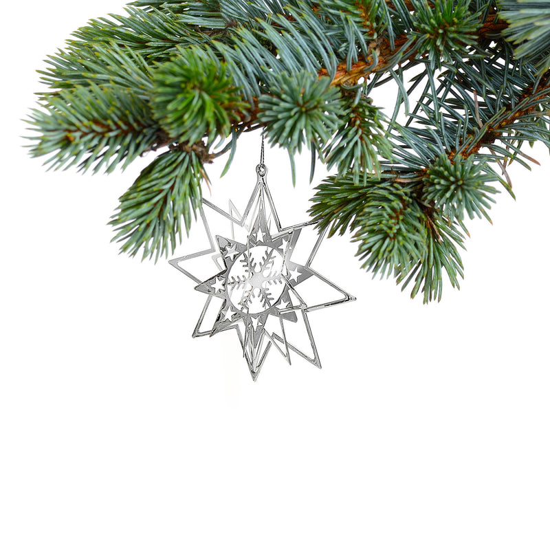 Christmas Spinning Silver Star Metal Ornament Snowflake - Set of 12