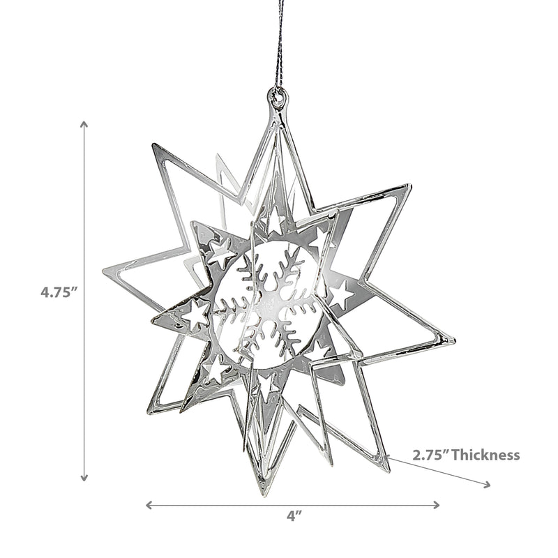 Christmas Spinning Silver Star Metal Ornament Snowflake - Set of 12