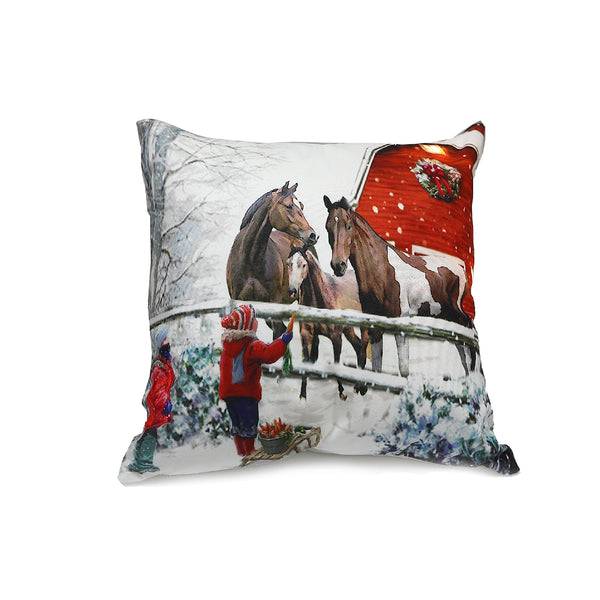 Christmas Led Velvet Cushion Children Feeding Horses 18X18 - Set of 2