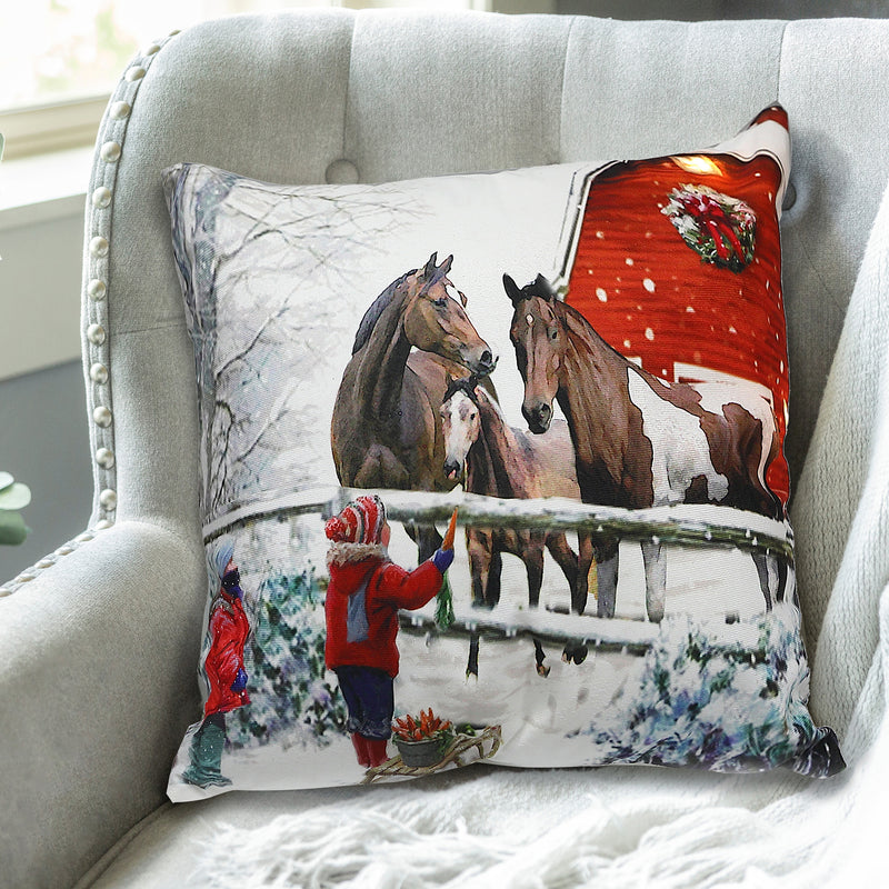 Christmas Led Velvet Cushion Children Feeding Horses 18X18 - Set of 2
