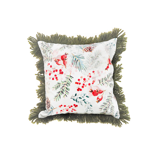 Digital Print Cushion With Fringe (Berries And Pine) - Set of 2
