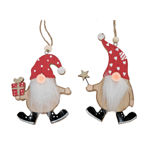 Led Wooden Red Hat Gnome Ornament (Asstd) - Set of 12