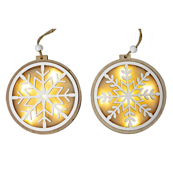 Led Wooden Round Snowflake Ornament (Asstd) - Set of 12