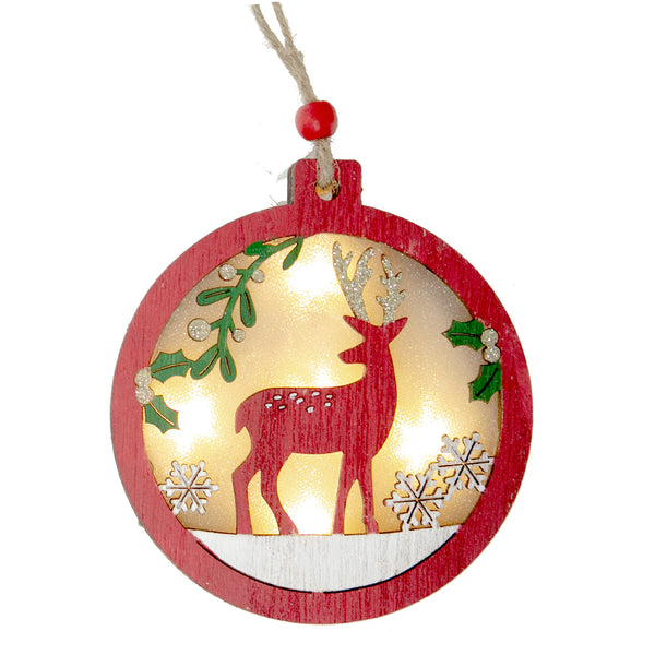 Led Wooden Round Deer Ornament (Asstd) - Set of 12