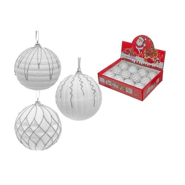 White Ornaments With Silver Glitter (Asstd) (12/Disp) - Set of 12