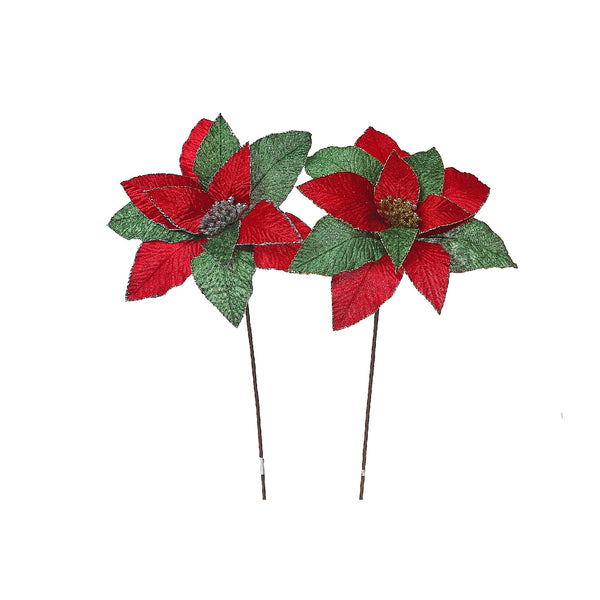 Christmas Red & Green Poinsettia Long Stem Pick  - Set of 6