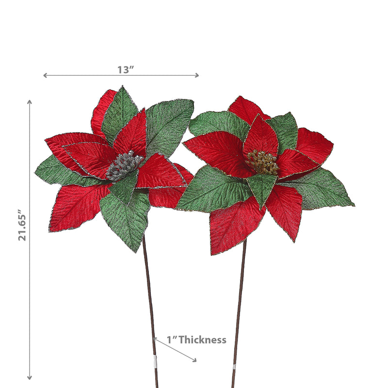 Christmas Red & Green Poinsettia Long Stem Pick  - Set of 6