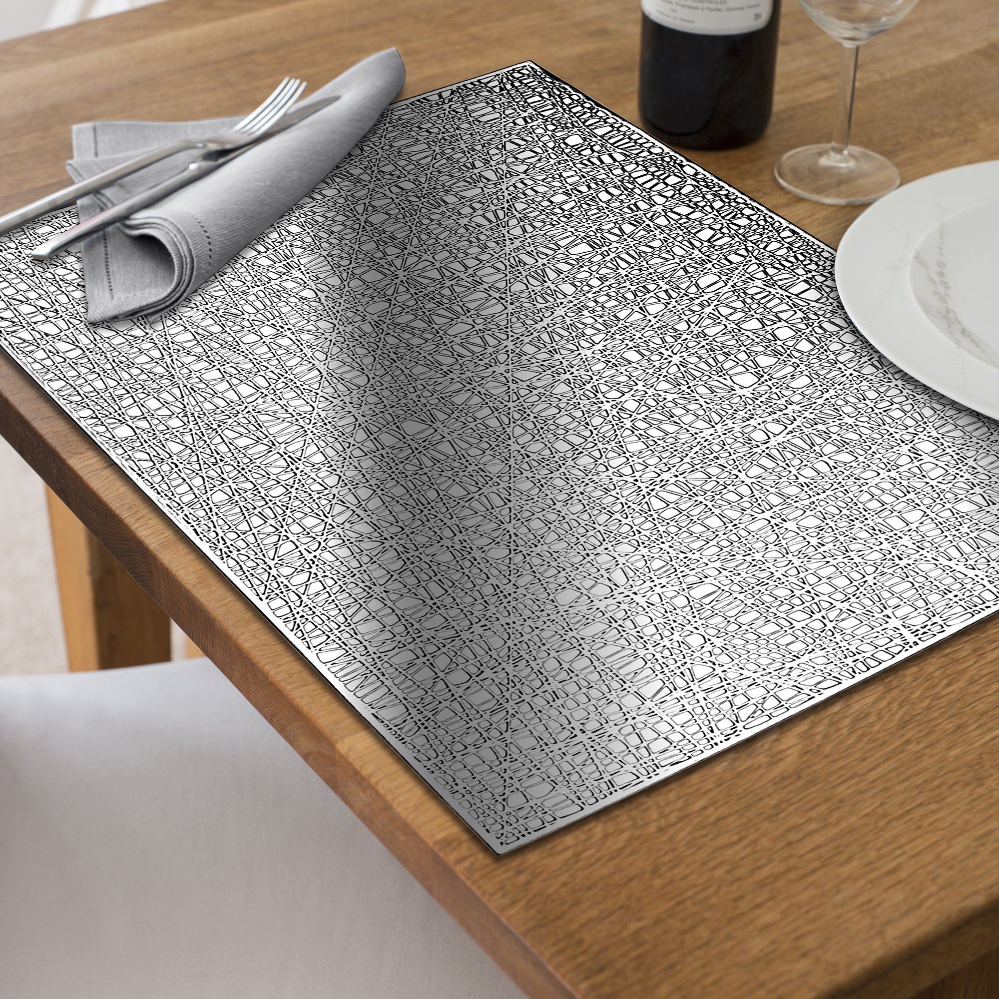 Metallic Laser Cut PVC Placemat Sisal Silver Set Of 12, Dining Table Decor, Kitchen Accessory
