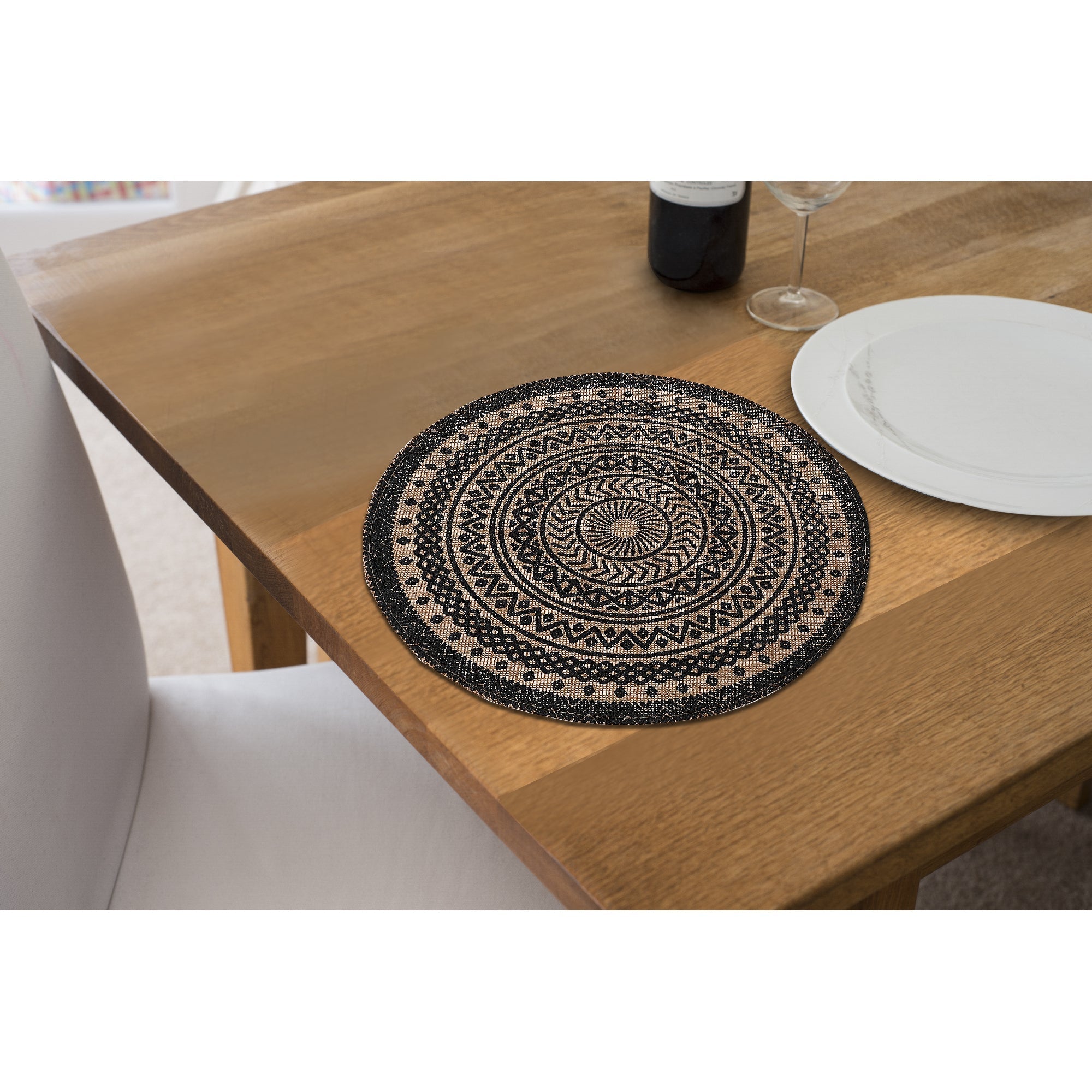 Round Jute Placemat Black Mandala Set Of 12, Rustic Dining Table Decor, Farmhouse Table Setting