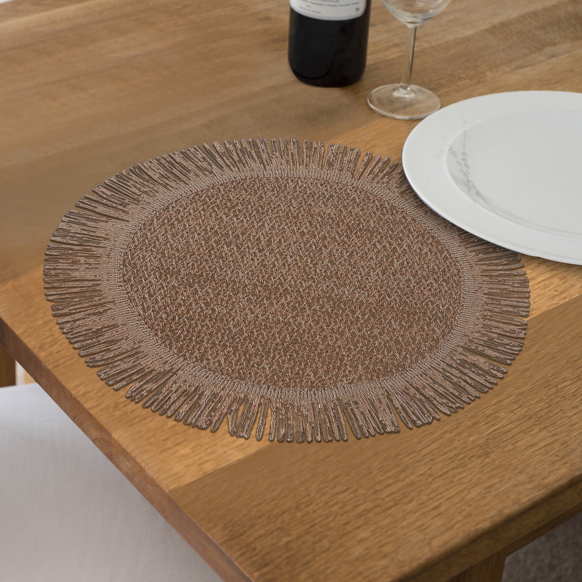 Woven Round Beige Placemat With Fringes Set Of 12, Table Decor Rustic