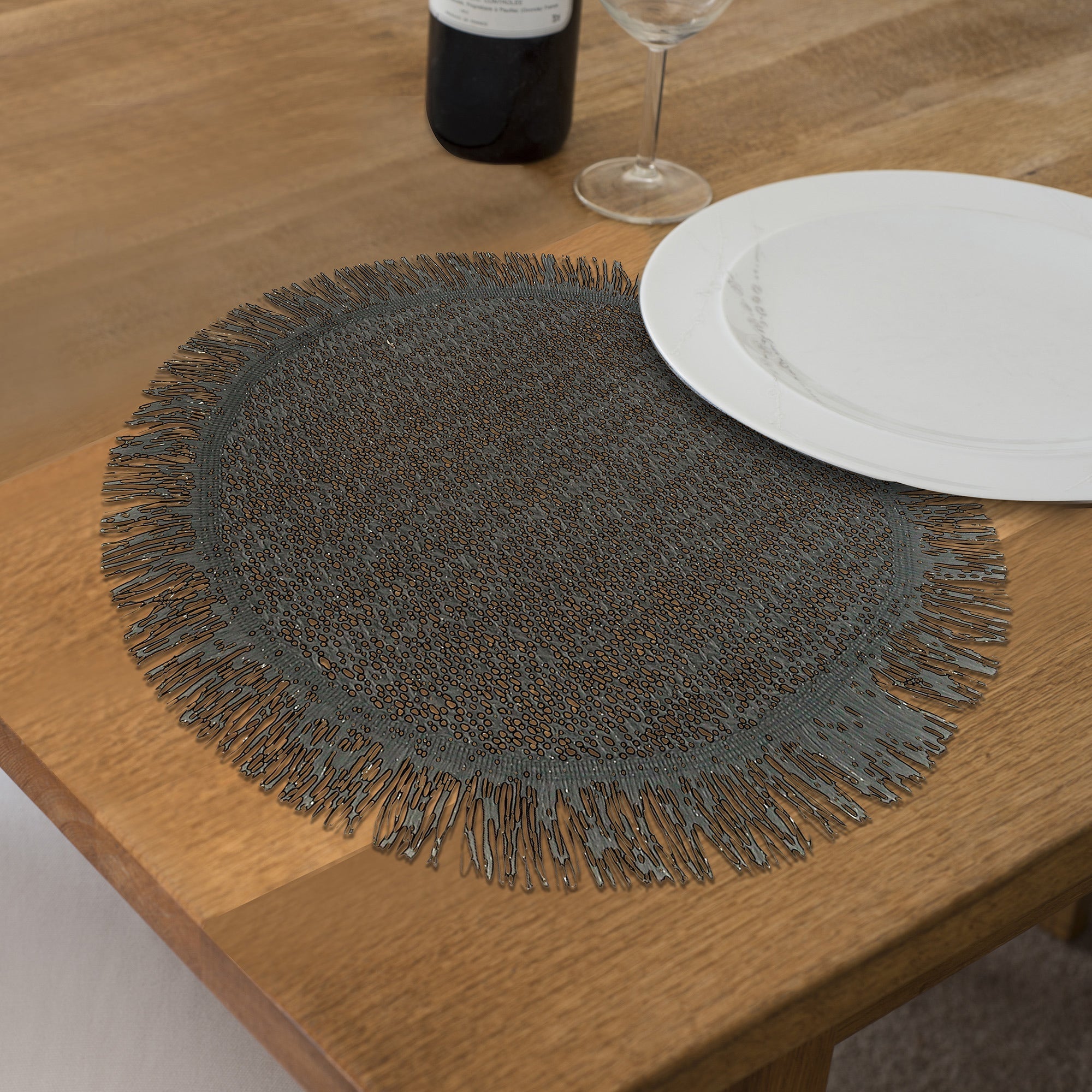 Woven Round Black Placemat With Fringes Set Of 12, Table Decor Rustic