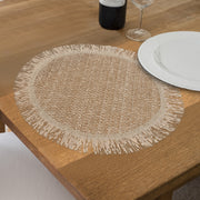 Woven Round Camel Placemat With Fringes Set Of 12, Table Decor Rustic