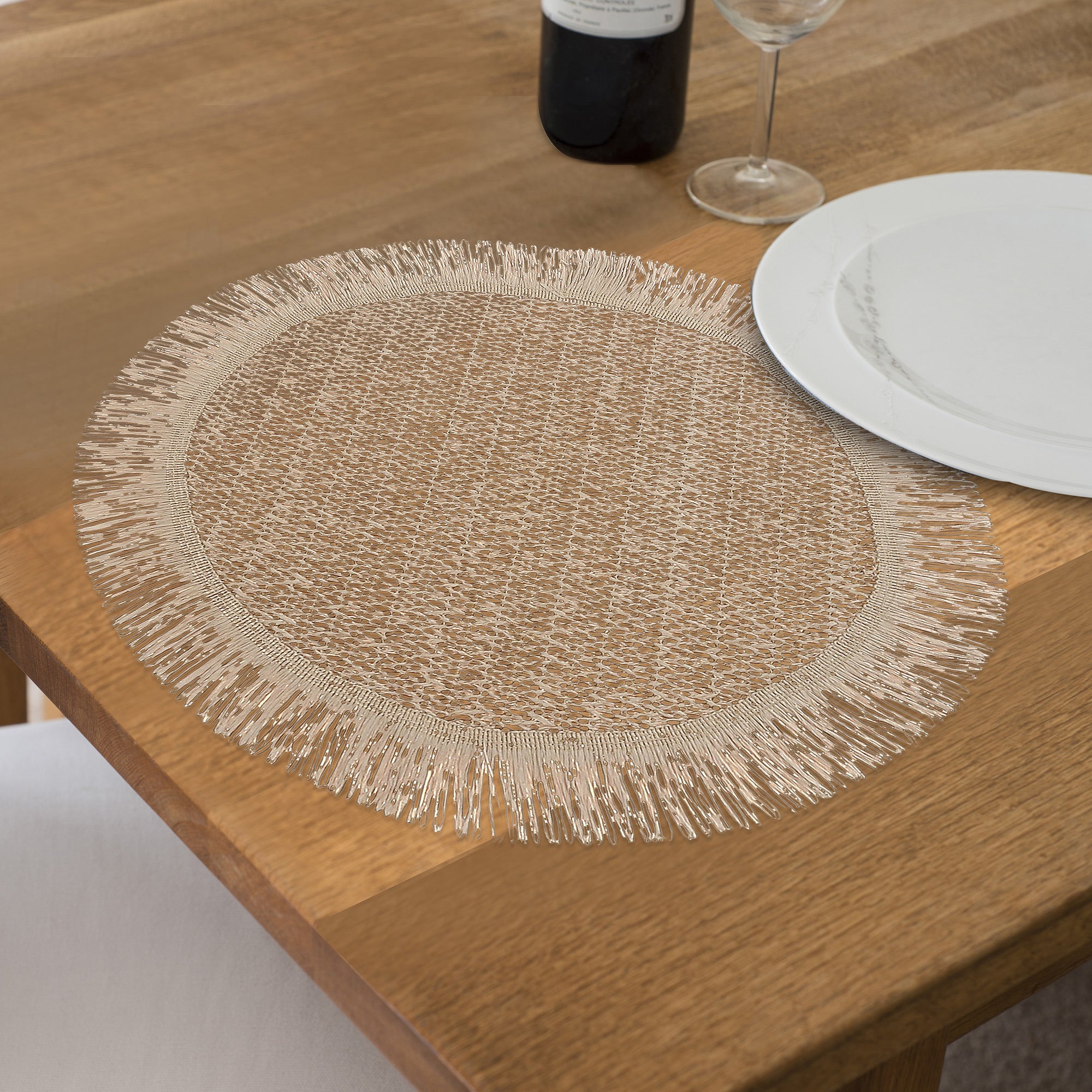 Woven Round Camel Placemat With Fringes Set Of 12, Table Decor Rustic