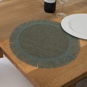 Woven Round Green Placemat With Fringes Set Of 12, Table Decor Rustic