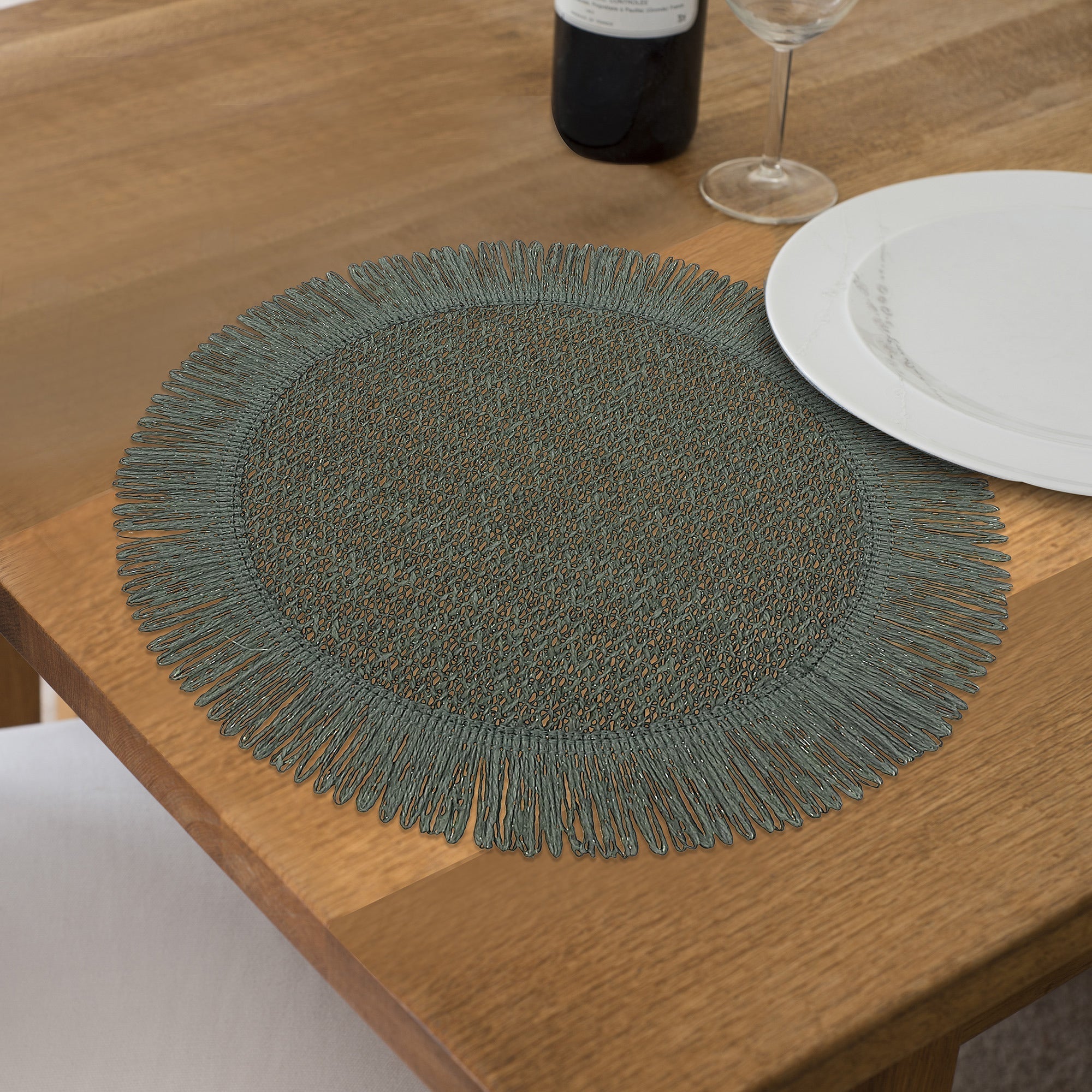Woven Round Green Placemat With Fringes Set Of 12, Table Decor Rustic