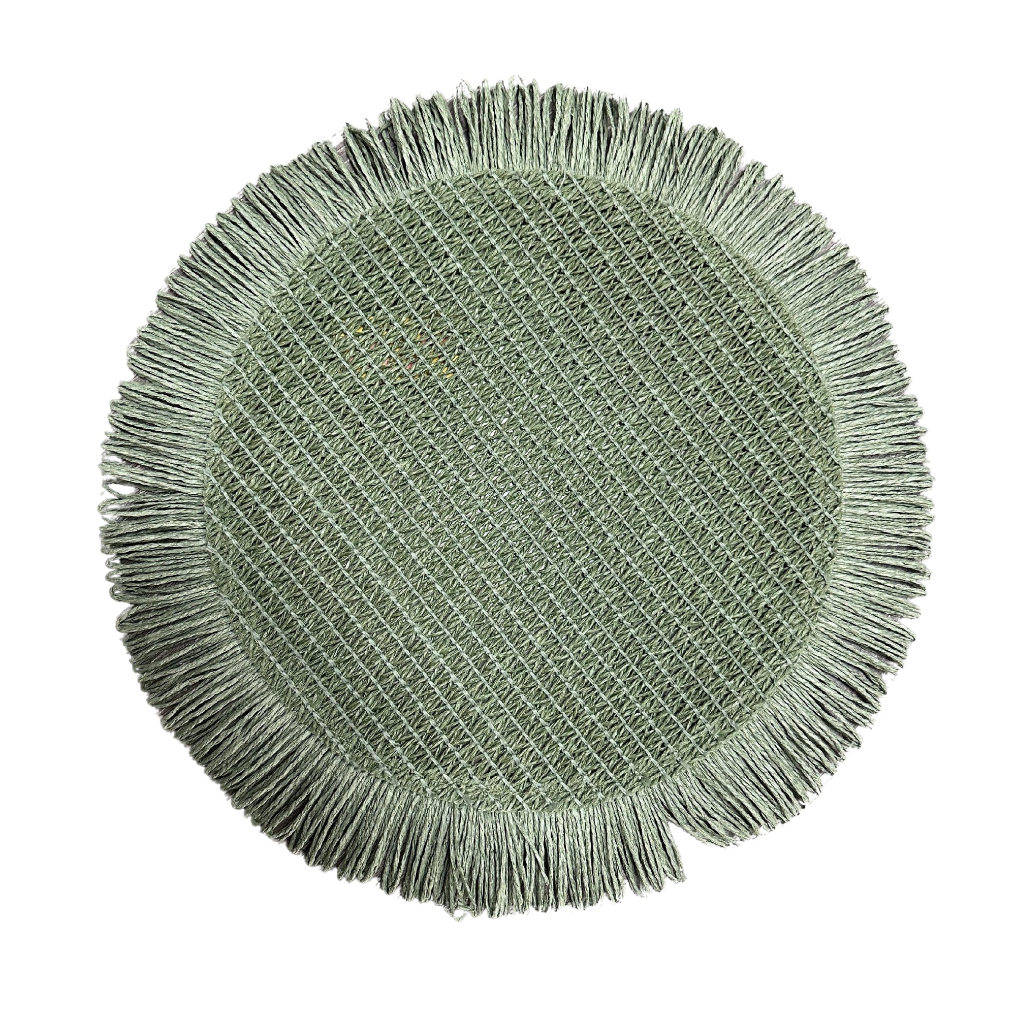 Woven Round Green Placemat With Fringes Set Of 12, Table Decor Rustic