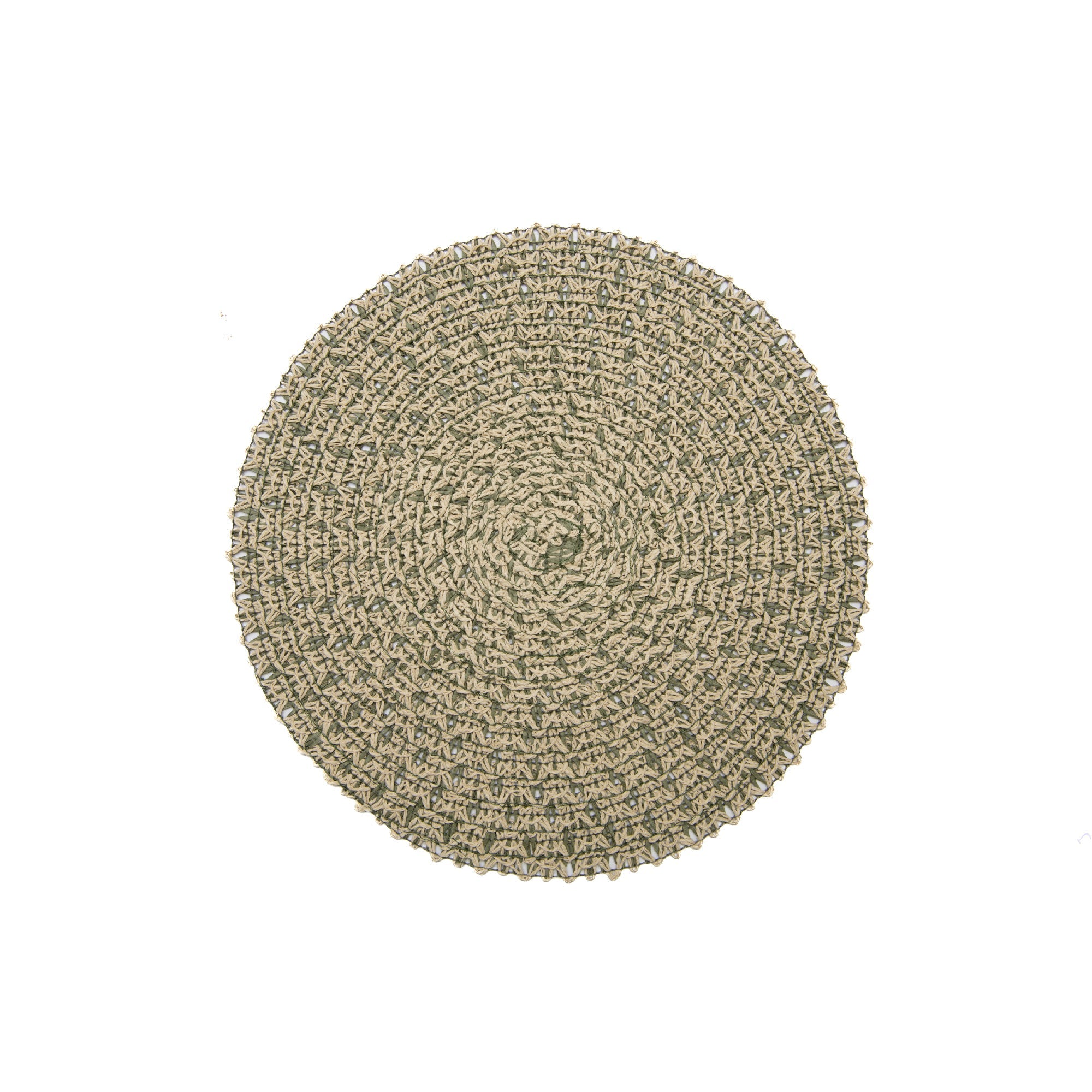 Eco-Friendly Handwoven Round Paper Placemat in Soft Green & Beige Two-Tone Design - Set of 12