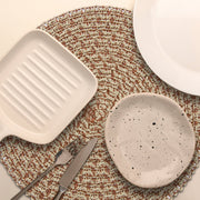 Rustic Two-Tone Woven Round Paper Placemat Featuring Warm Rust & Beige Colors - Set of 12