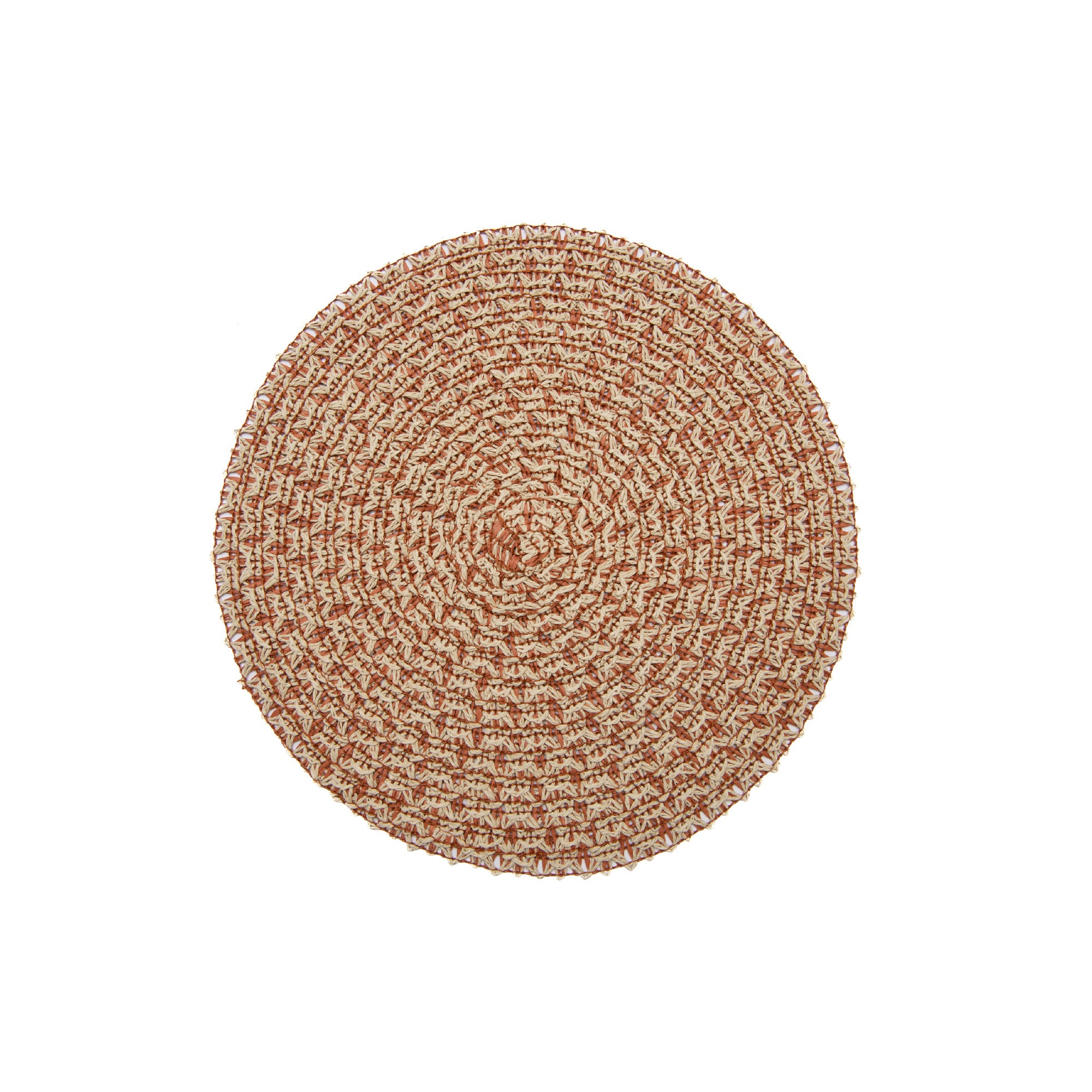 Rustic Two-Tone Woven Round Paper Placemat Featuring Warm Rust & Beige Colors - Set of 12