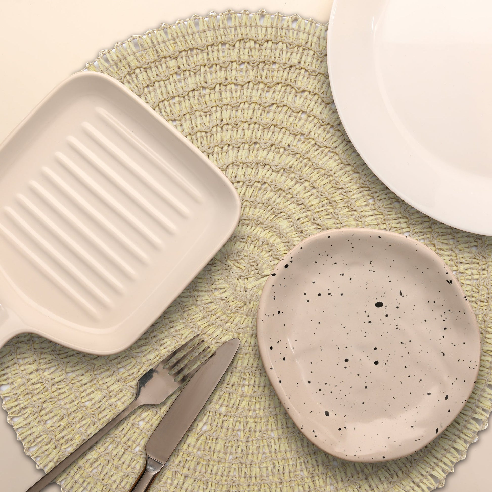 Bright Yellow & Beige Two-Tone Handwoven Round Paper Placemat for Vibrant Table Settings - Set of 12