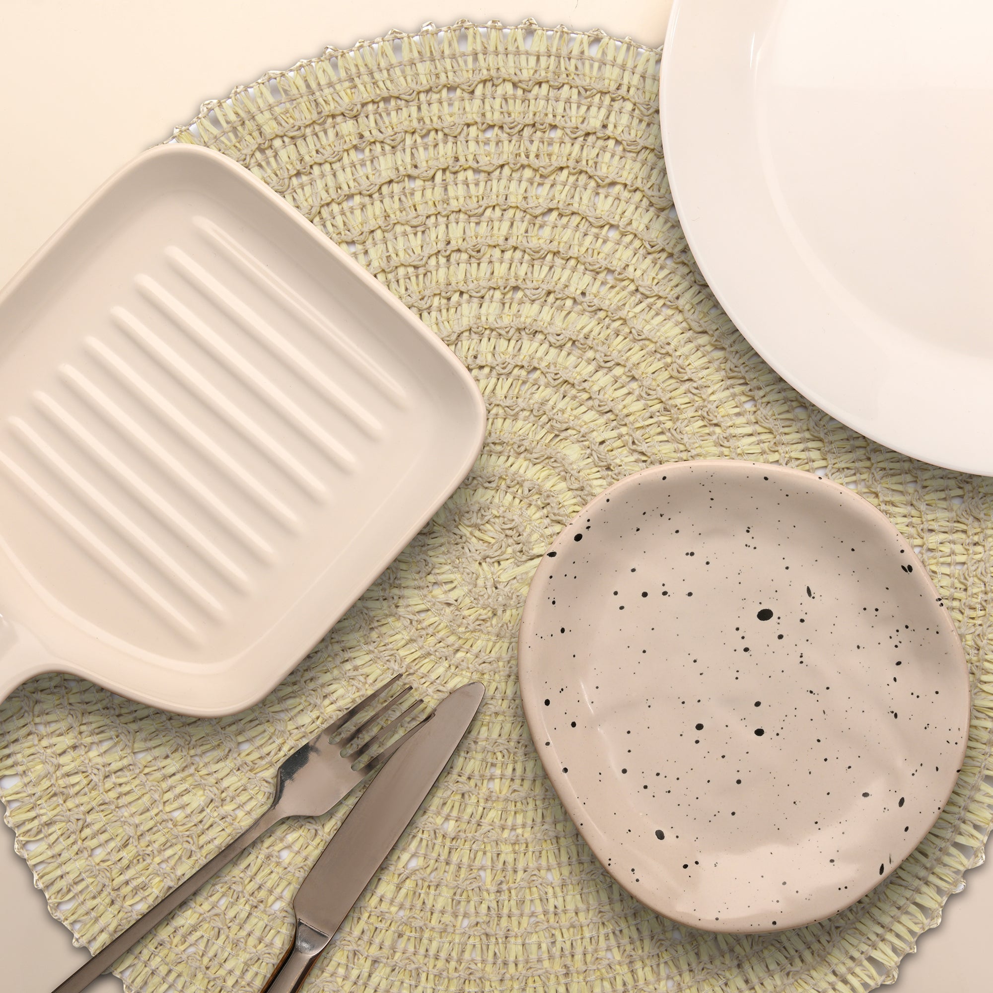 Bright Yellow & Beige Two-Tone Handwoven Round Paper Placemat for Vibrant Table Settings - Set of 12