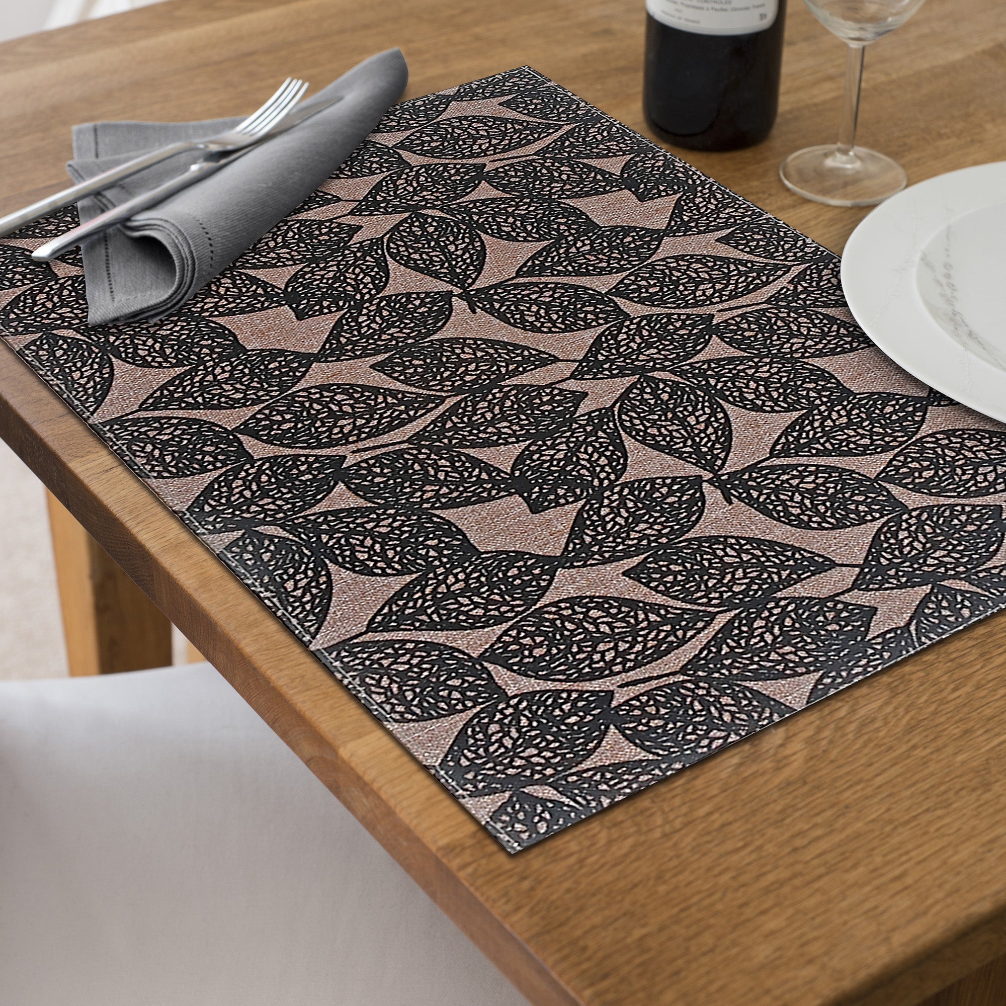 Black Leaf Poly-Linen Printed Placemat Set of 12 – Modern Table Decor, Dining Mats