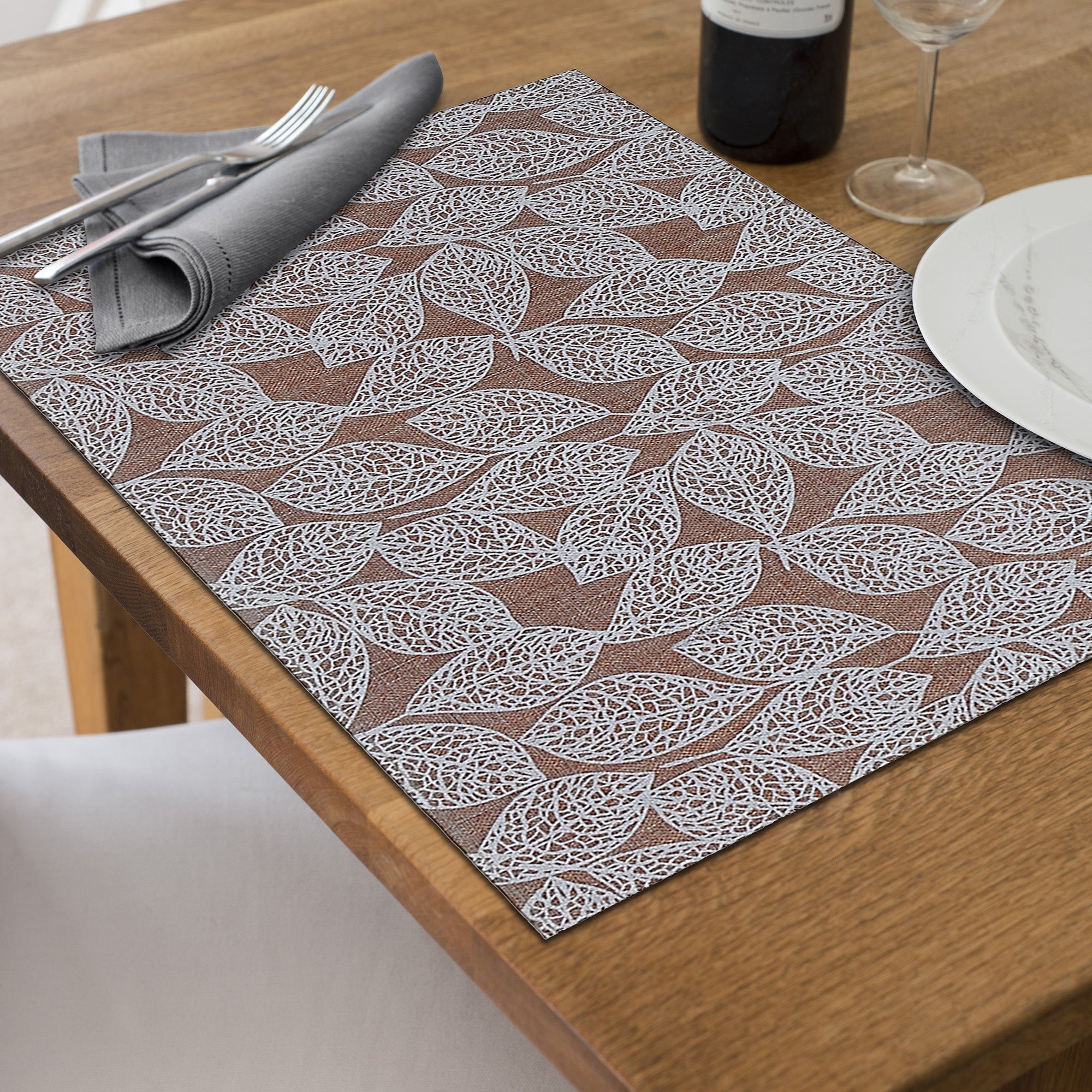White Leaf Poly-Linen Printed Placemat Set of 12 – Modern Table Decor, Easy-Clean Mats