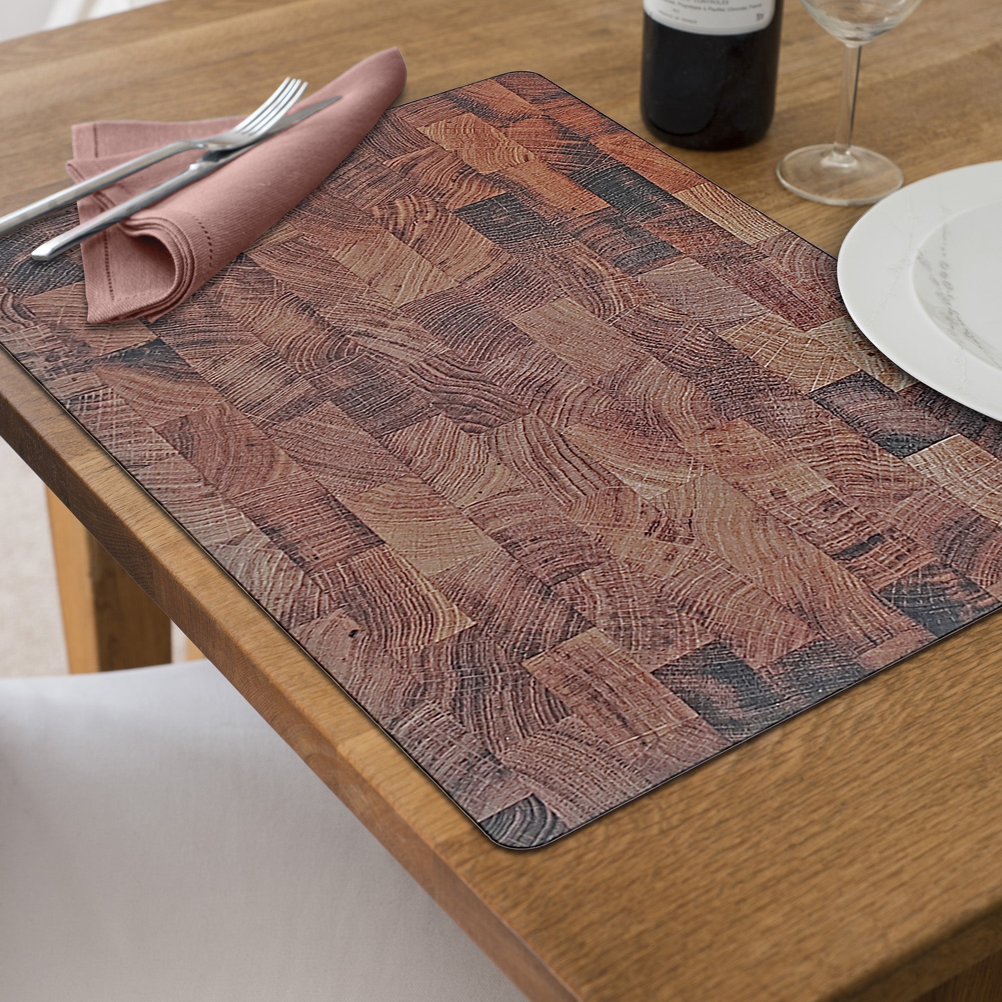 Wood Brown Printed Cork Backed Placemat Set of 12 – Rustic Table Decor, Easy-Clean Mats
