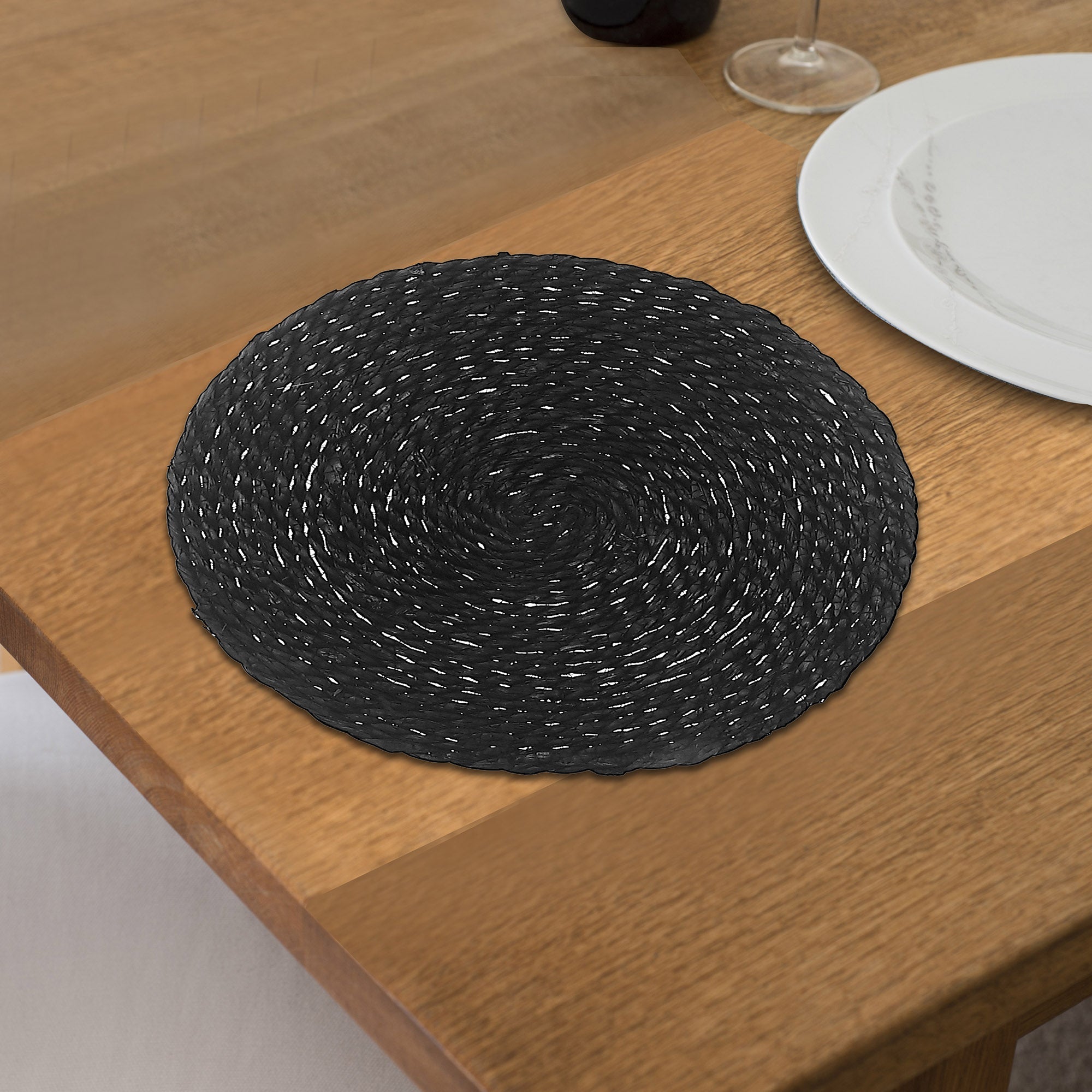 Black Handwoven Round Placemat Set of 12 – Natural Fiber, Rustic Dining Mats