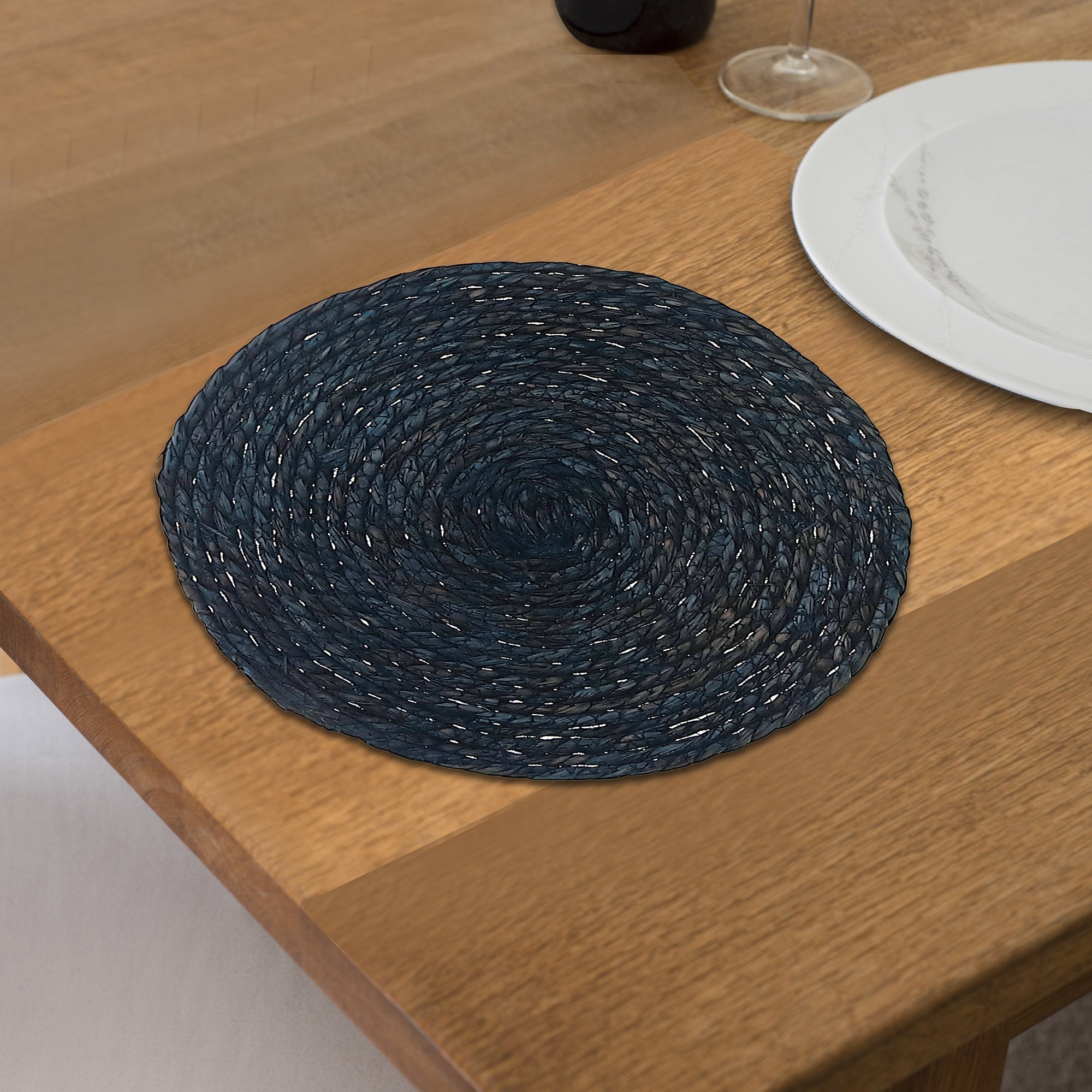 Blue Handwoven Round Placemat Set of 12 – Natural Fiber, Rustic Table Decor