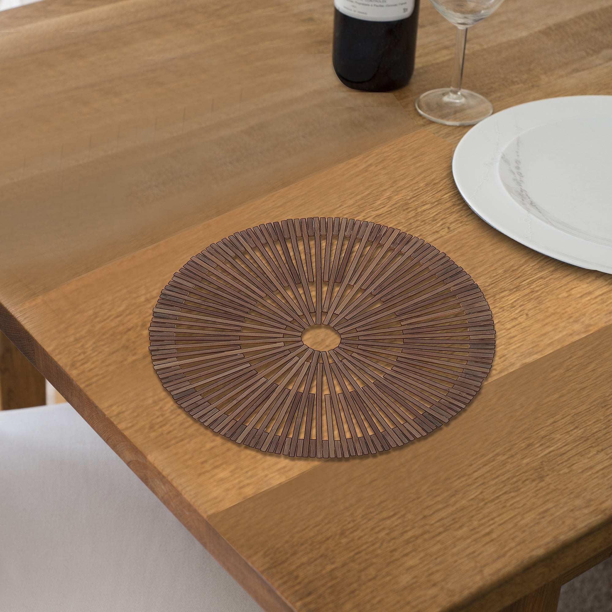 Round Heavy Bamboo Placemat Natural Wood, Rustic Farmhouse Dining Table Mat, Eco Friendly Kitchen Decor, Set of 6
