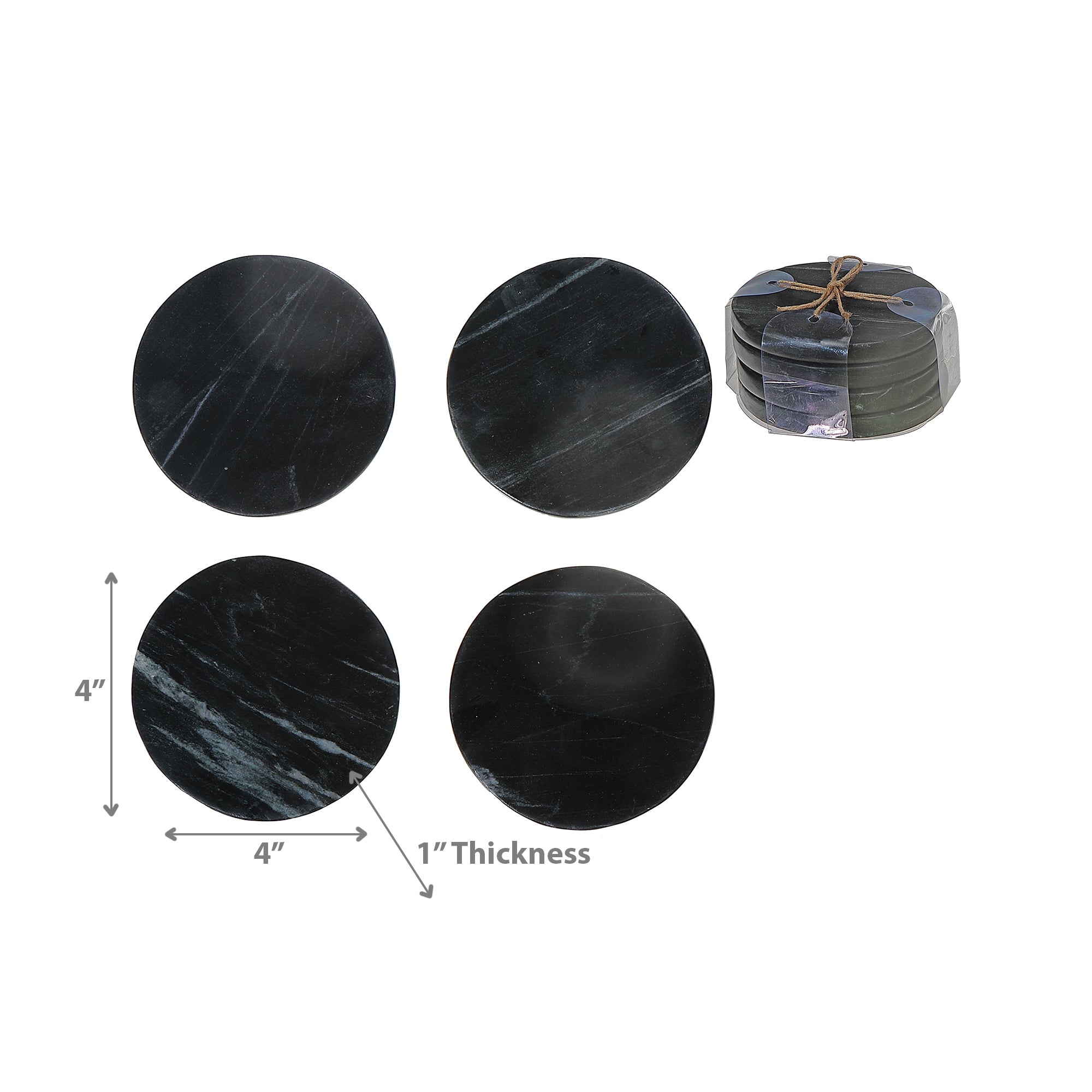 4-Piece Marble Round Coaster 4"x4" Black – Drink Protection, Table Decor