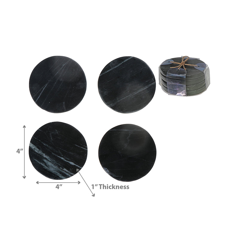 4Pc Marble Round Coaster  4X4" Black
