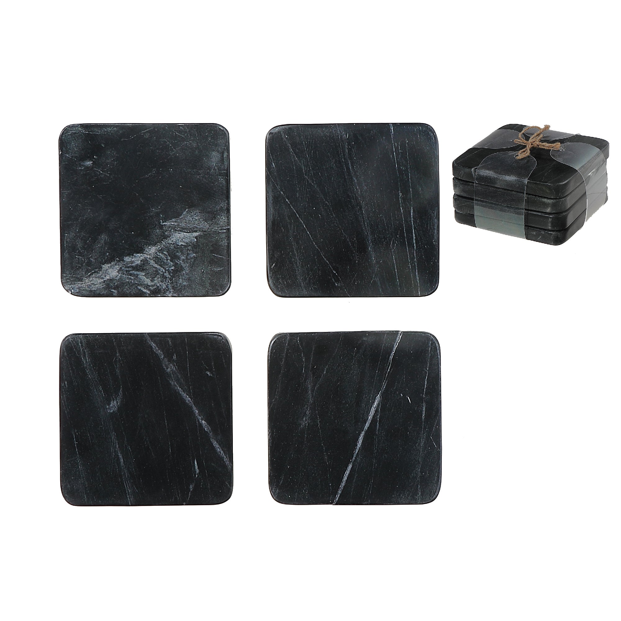 4-Piece Marble Square Coaster 4"x4" Black – Drink Protection, Table Decor
