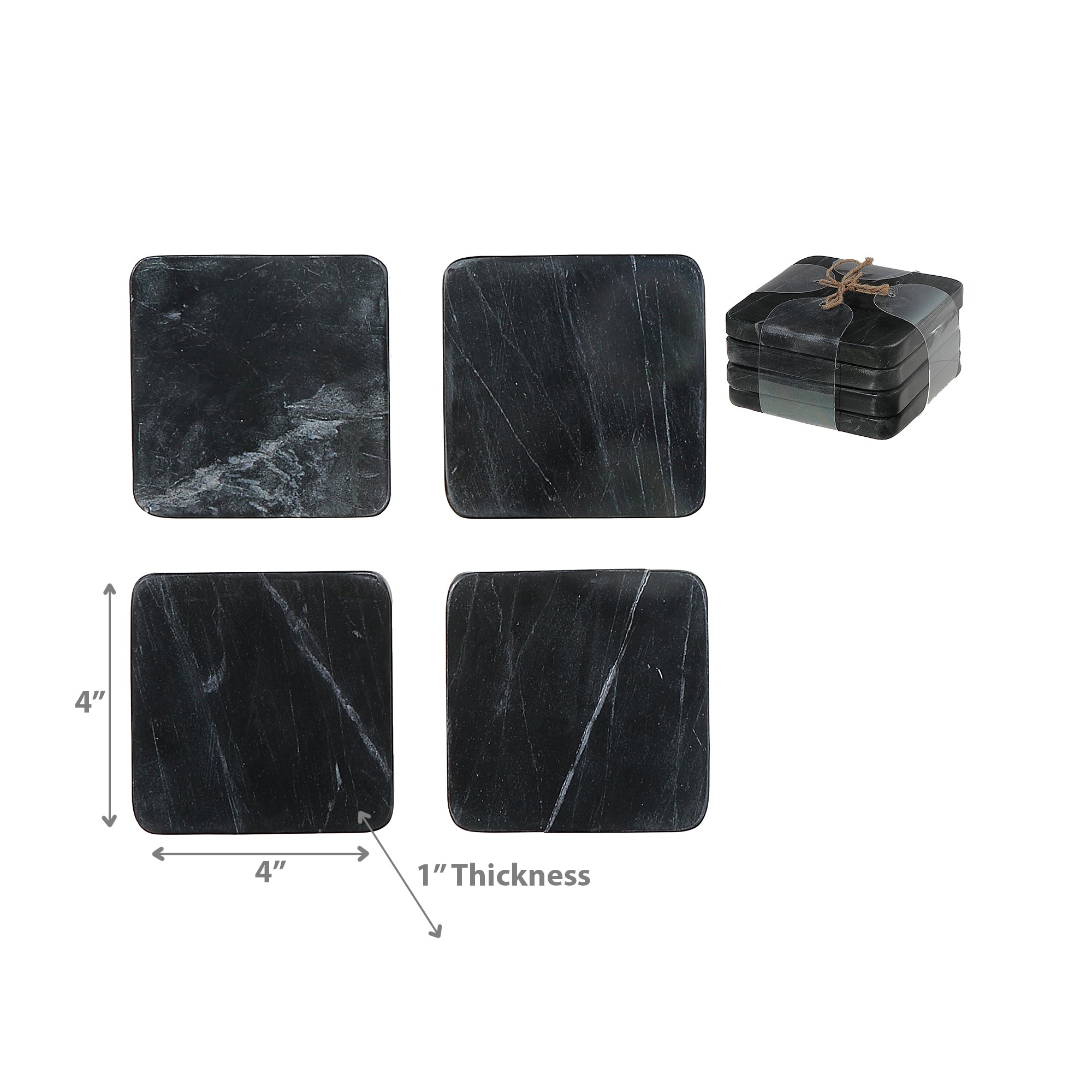 4-Piece Marble Square Coaster 4"x4" Black – Drink Protection, Table Decor