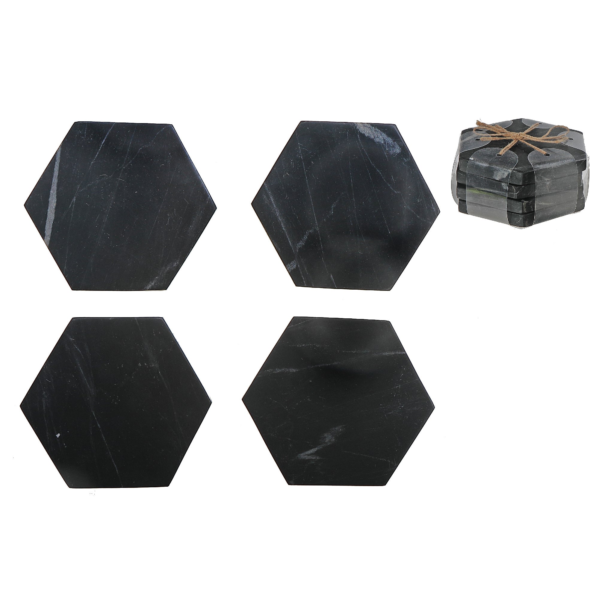 4-Piece Marble Hexagon Coaster 4"x4" Black – Drink Protection, Table Decor